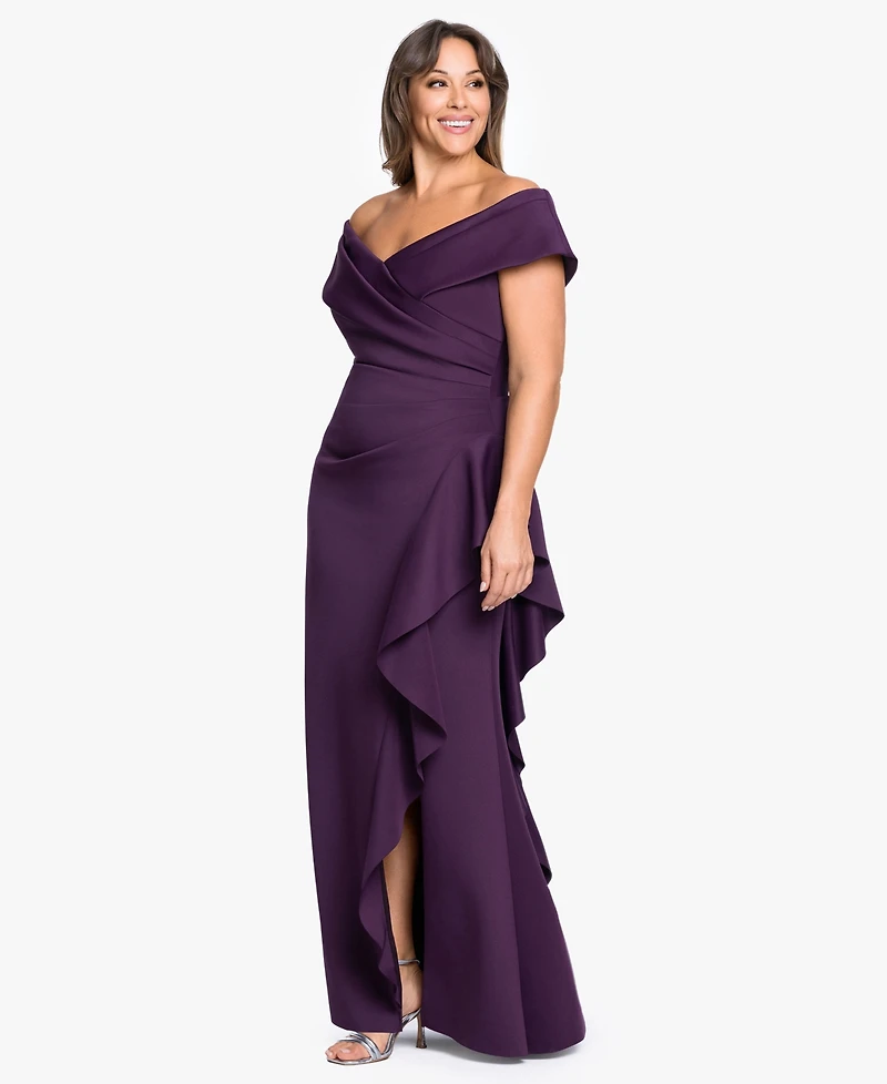 Xscape Plus Off-The-Shoulder Ruffle Sheath Gown