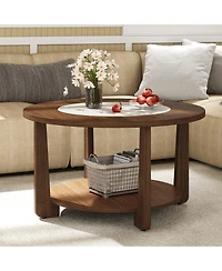 Gymax Round Coffee Table w/ 2-Tone Tabletop and Open Storage Shelf Wood Support Legs