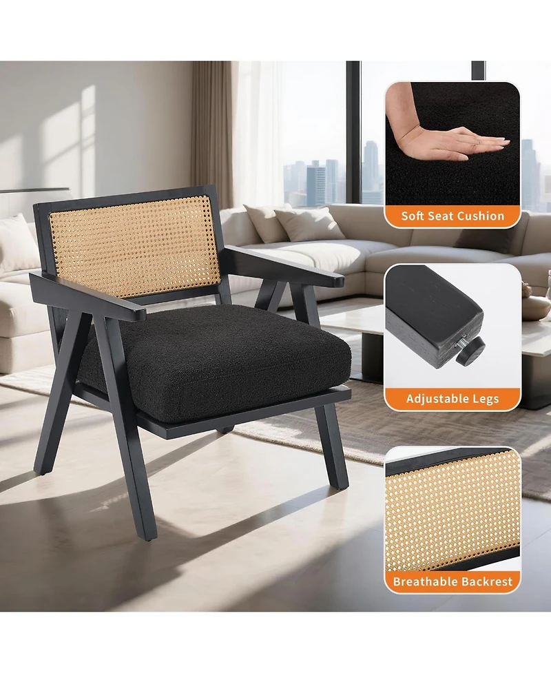 gaomon Mid Century Modern Accent Chair, Comfy Living Room Chairs with Sturdy Wood Legs, Rattan Backrest Thick Linen Cushion
