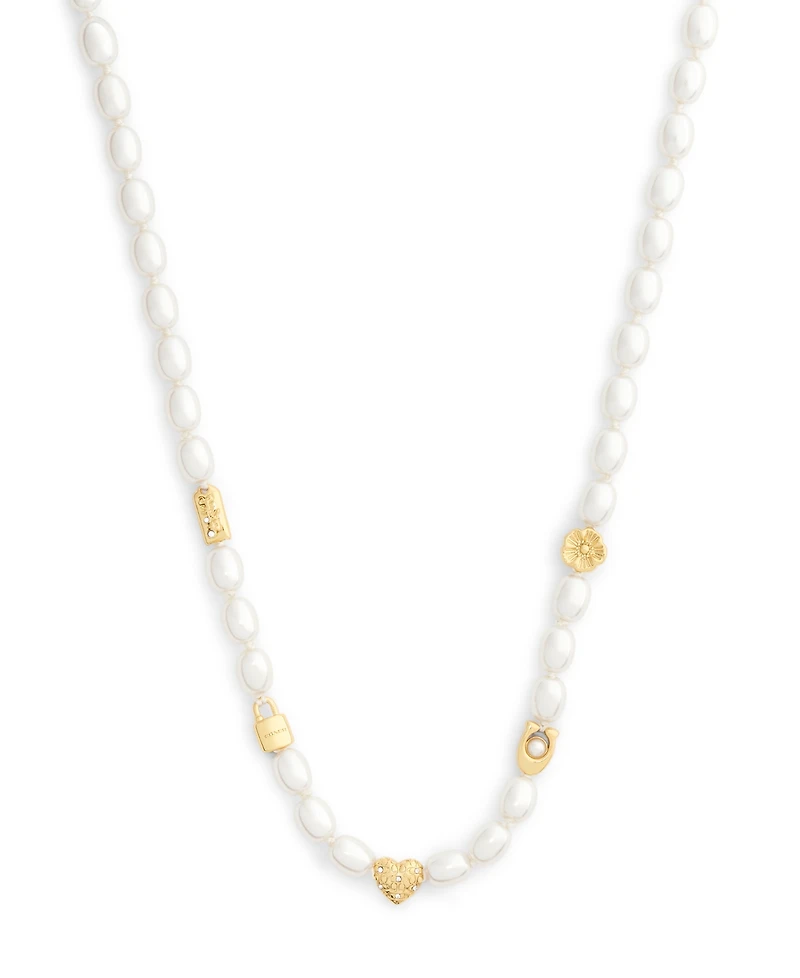 Coach Faux Imitation Pearl Iconic Signature Charm Strand Necklace