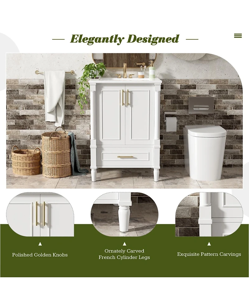 Sillysis 24 Inch Bathroom Vanity with Sink, Modern French Leg Cabinet, Adjustable Shelf and Soft Close Drawer for Small