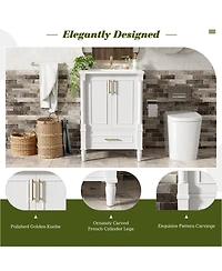 Sillysis 24 Inch Bathroom Vanity with Sink, Modern French Leg Cabinet, Adjustable Shelf and Soft Close Drawer for Small