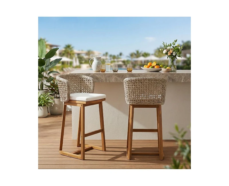 sumyeg Outdoor Acacia Wood Bar Stools Set of 2 with Cushion and Wicker Back for Patio or Kitchen Island