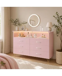 homfan Modern 6-Drawer Dresser with App-Controll Rgb Led Lights and Built-In Charging Station, Water Mark Resistant Mdf Metal Legs, Assembly