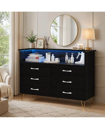homfan Modern 6-Drawer Dresser with App-Controll Rgb Led Lights and Built-In Charging Station, Water Mark Resistant Mdf Metal Legs, Assembly