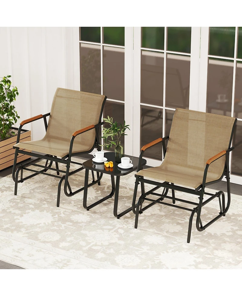 Gymax 3 Piece Outdoor Gliding Set w/ Tempered Glass Coffee Table Teak Wood Armrests