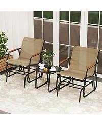 Gymax 3 Piece Outdoor Gliding Set w/ Tempered Glass Coffee Table Teak Wood Armrests