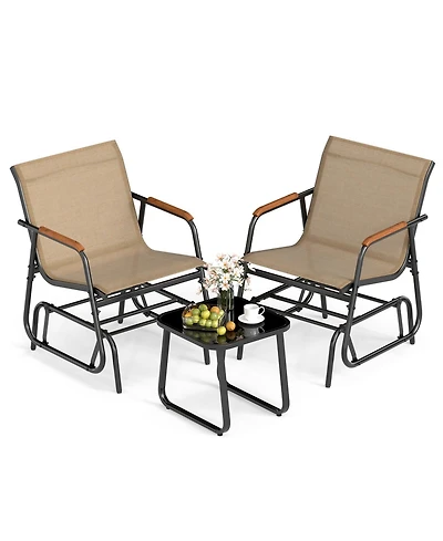 Gymax 3 Piece Outdoor Gliding Set w/ Tempered Glass Coffee Table Teak Wood Armrests