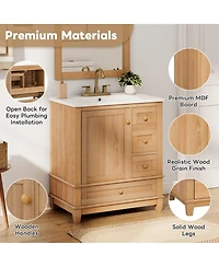Sillysis Bathroom Vanity with Ceramic Sink, Wood Grain Solid Wood and Mdf Cabinet, Soft Close Drawers for Compact Bathroom