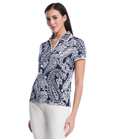Rafaella Women's Petite Paisley Print Contrast Trim Johnny Collar Short Sleeve Polo Shirt