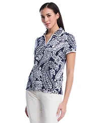 Rafaella Women's Petite Paisley Print Contrast Trim Johnny Collar Short Sleeve Polo Shirt