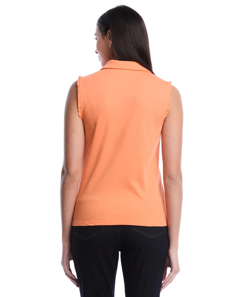 Rafaella Women's Petite Ruffle Trim Sleeveless Polo Shirt