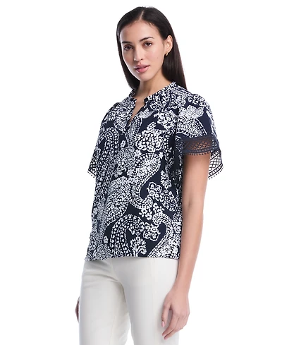 Rafaella Women's Petite Paisley Print Flutter Lace Short Sleeve Blouse