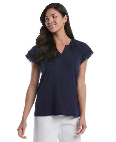 Rafaella Women's Petite Eyelet Flutter Sleeve Split Neck Short Top