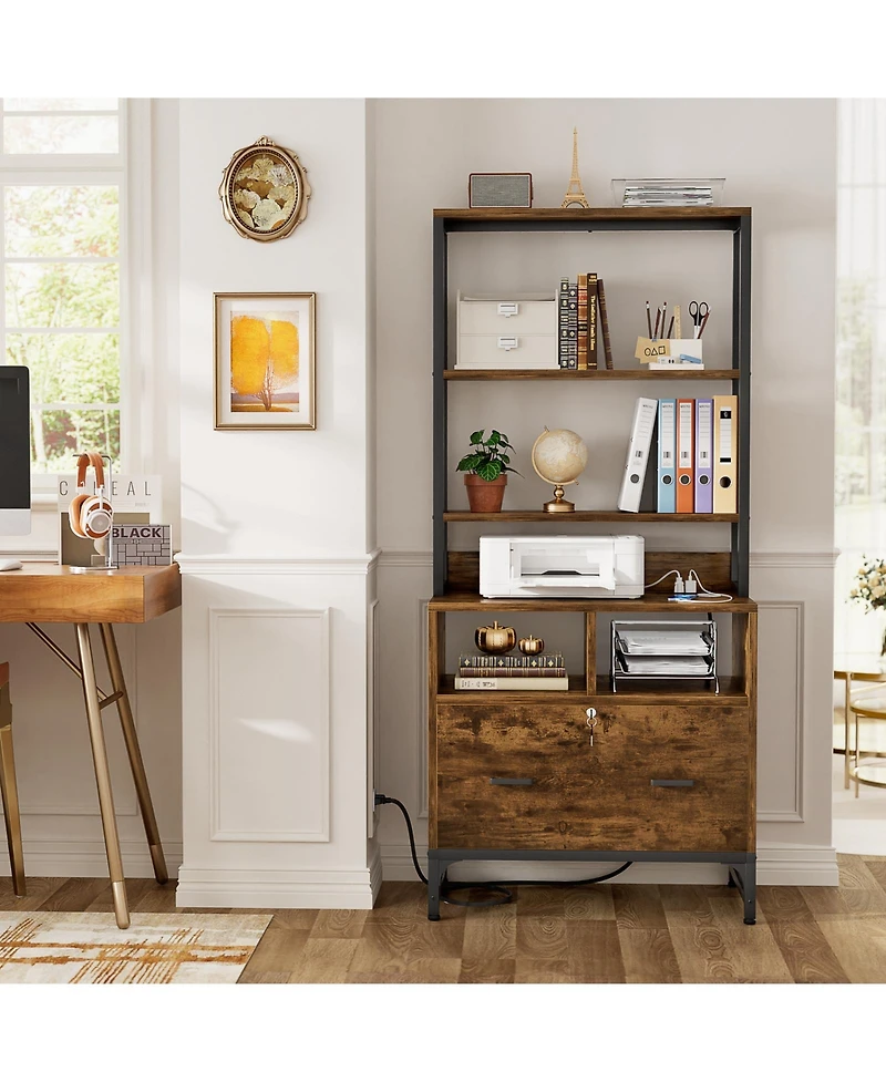 Aheaplus Storage File Cabinet with Hutch, Charging Station, Lock Drawers