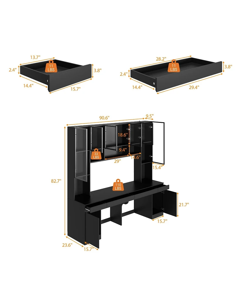 Homsee Giant 90.6 Inch 8-Door 4-Drawer Desk ,Aluminum Frame Glass Cabinet, 3-Color Led Lighting, Home Office Conference Table