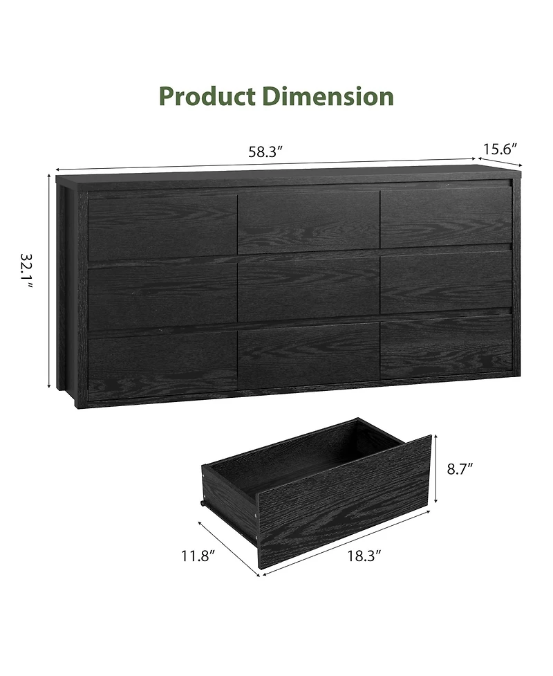homfan 9 Drawer Dresser for Bedroom, Wide Wood Chest of Drawers Handle Free, Large Modern Storage Cabinet Living Room, Hallway Entryway