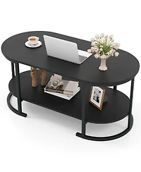 Sugift Oval Coffee Table 2-Tier Wooden Accent Table with Spacious Tabletop and Open Storage Shelf