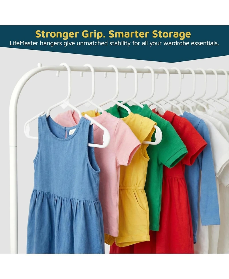 Lifemaster Kids Plastic Hangers, White, 11.6", with shoulder notches, space-saving, hold 5 lbs, ideal for baby, toddler & kids clothes, 20-pack.