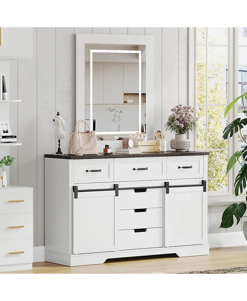 gaomon 6 Drawer Dresser with Mirror, Makeup Vanity Chest with Sliding Barn Doors for Bedroom