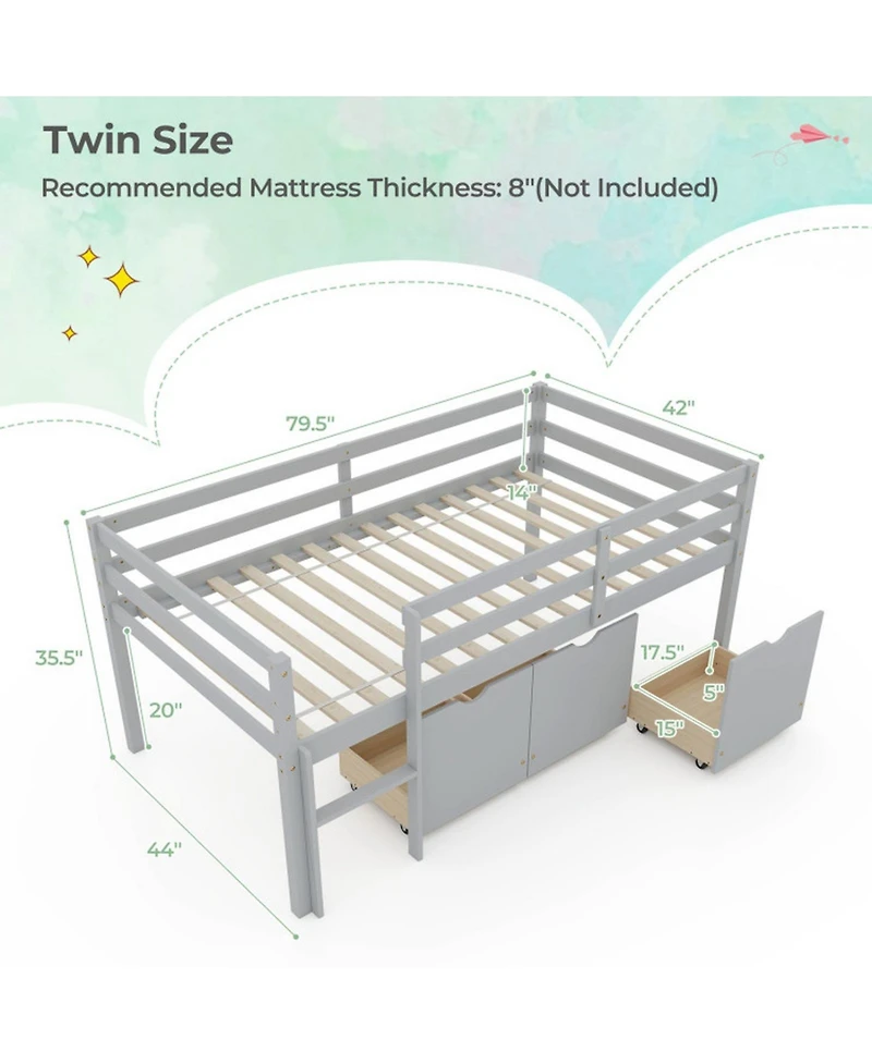 Gouun Low Loft Bed with 3 Storage Drawers, Integrated Ladder and Guardrails