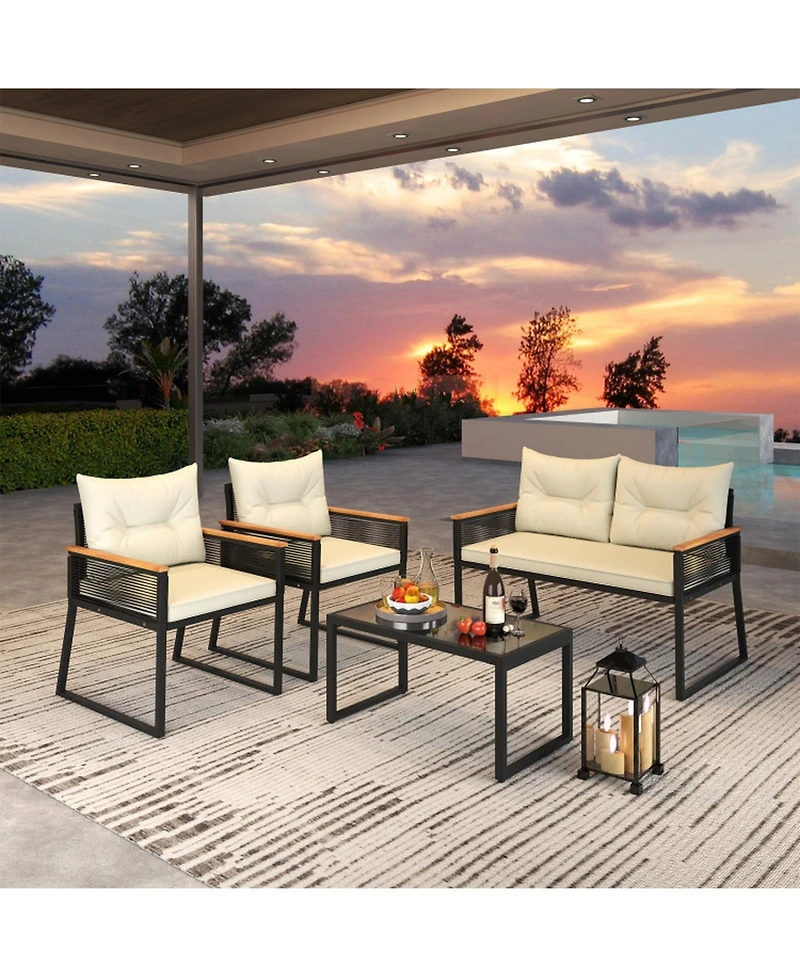 Gouun 4-Piece Outdoor Pe Rattan Patio Conversation Set with Acacia Wood Armrests and Glass Coffee Table