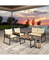 Gouun 4-Piece Outdoor Pe Rattan Patio Conversation Set with Acacia Wood Armrests and Glass Coffee Table