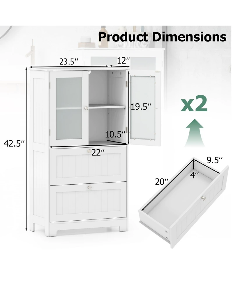 sumyeg Bathroom Floor Storage Cabinet with Drawers and Frosted Glass Doors