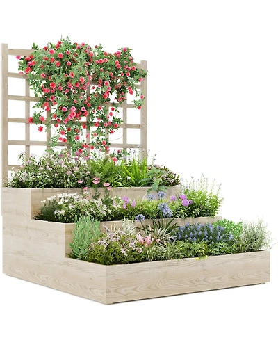 Xo 3-Tier Wooden Raised Garden Bed with Trellis, Vertical Planter Box with Drainage for Vegetables Flowers Herbs Patio