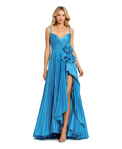 Mac Duggal Women's Pleated Charmeuse Gown with Floral Detail