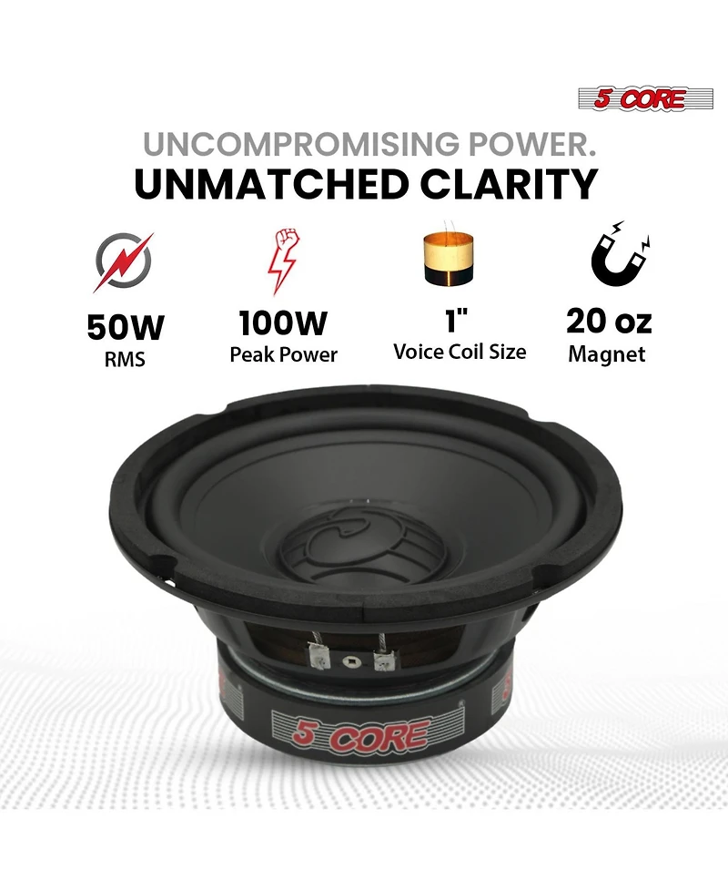 5 Core 6.5 Inch Woofer Pair 100W Car Subwoofer 4Ohm Replacement Deep Sub w Poly Cone