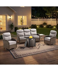 Pocassy 5-Piece Patio Furniture Set with Fire Pit,Wicker Outdoor Swivel Rocker Chairs Sofa for Backyard,Poolside,Deck