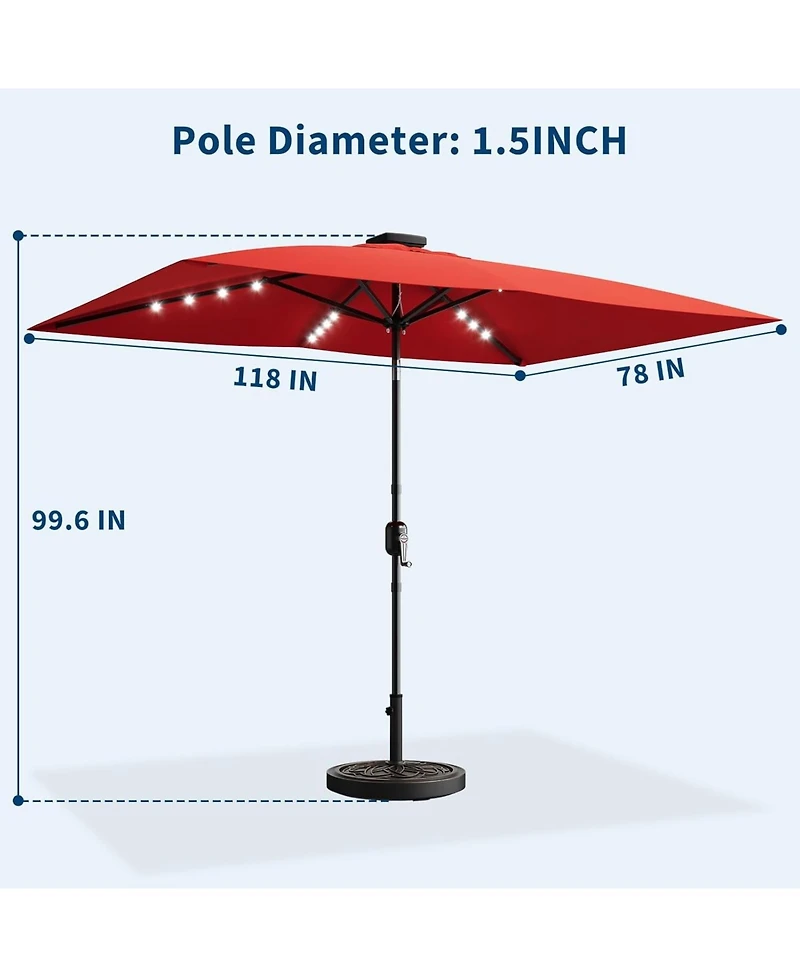 Xo 10 x 6.5 Ft Solar Rectangular Patio Umbrella with Led Lights, Outdoor Market Table Umbrella with Crank Lift, Vented 6-Rib Steel Frame Shade