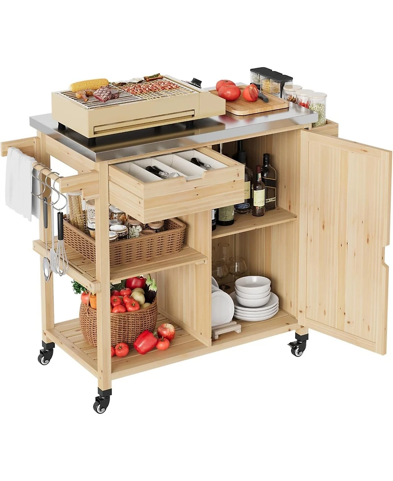 Xo Outdoor Grill Cart with Wheels, Solid Wood Bbq Station, Stainless Steel Top, Storage Rack for Patio