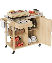 Xo Outdoor Grill Cart with Wheels, Solid Wood Bbq Station, Stainless Steel Top, Storage Rack for Patio