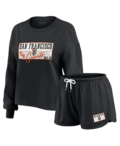 Wear by Erin Andrews Women's 3-Piece Black San Francisco Giants Heavy Rugby Jersey Cropped Long Sleeve T-Shirt, Shorts and Lounge Set