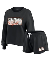 Wear by Erin Andrews Women's 3-Piece Black San Francisco Giants Heavy Rugby Jersey Cropped Long Sleeve T-Shirt, Shorts and Lounge Set