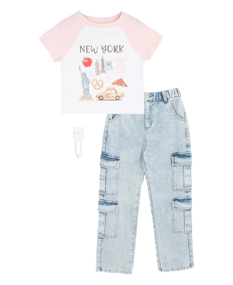 Tween Diva Girls' 7-16 Graphic Raglan T-Shirt and Denim Cargo Pants, 2-Piece Set