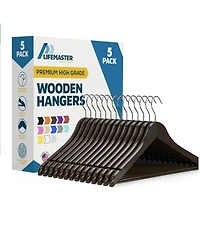 Lifemaster Wooden Hangers with 360degree(s) swivel hook, non-slip notches, and pants bar. Holds 10 Pounds. Perfect for suits, and coats. Pack of 5