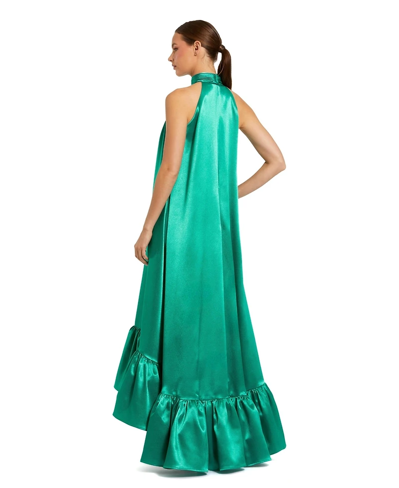 Mac Duggal Women's Sleeveless Halter Neck Satin High-Low Gown