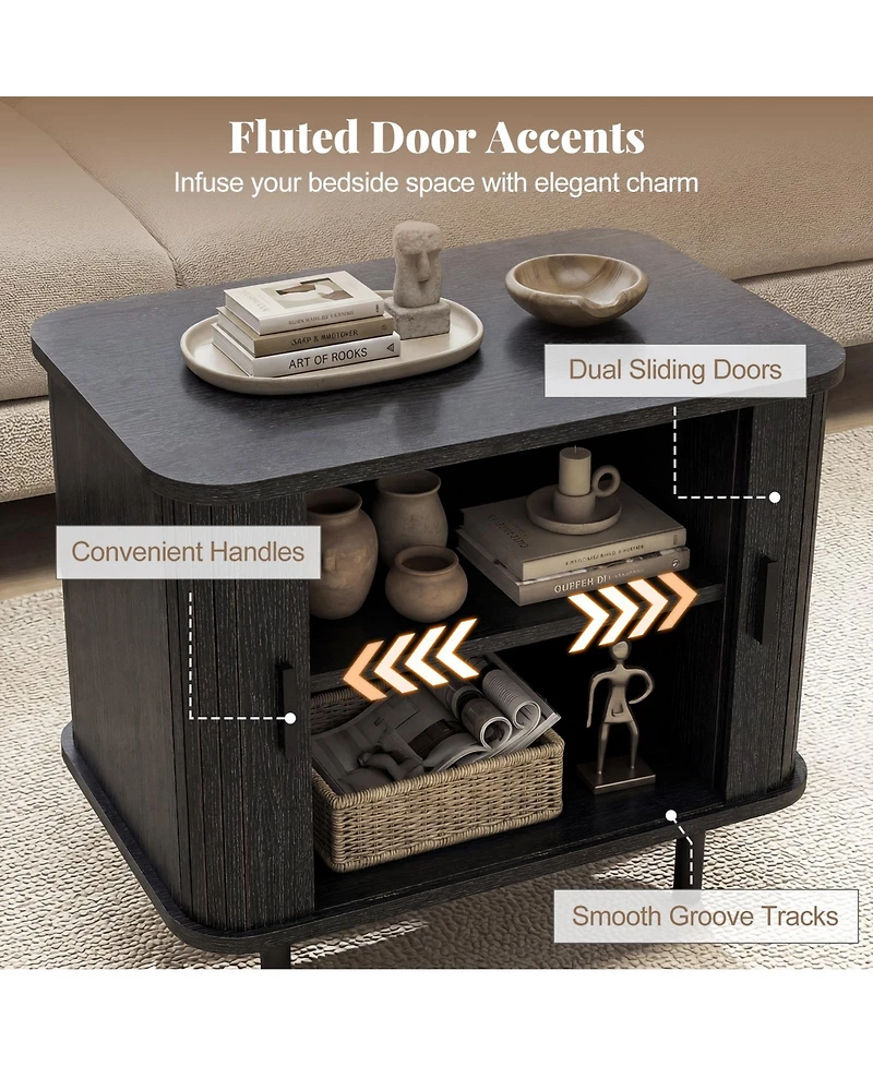 Gymax End Table Modern Mid Century Nightstand with Sliding Tambour Doors and Storage Shelf