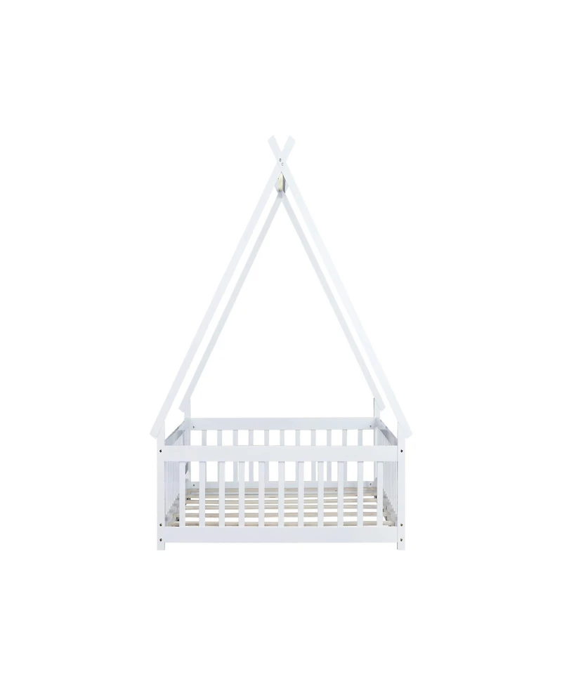 Clihome Full Size Rubber Wood Tent-shaped Floor Bed,with Guardrails,Slats and Door