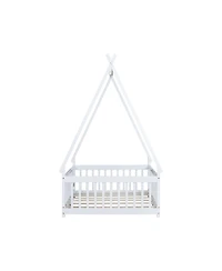 Clihome Full Size Rubber Wood Tent-shaped Floor Bed,with Guardrails,Slats and Door