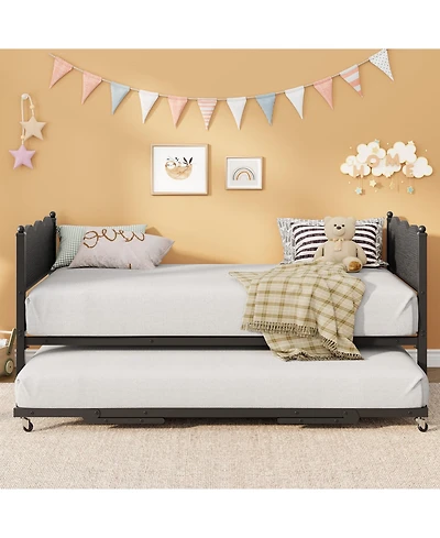 homfan Metal Daybed with Trundle, Wavy Wood-Grain Headboard, Twin Sofa Bed Locking Casters and Steel Support Bars
