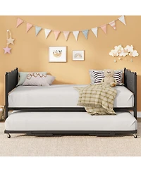 homfan Metal Daybed with Trundle, Wavy Wood-Grain Headboard, Twin Sofa Bed Locking Casters and Steel Support Bars