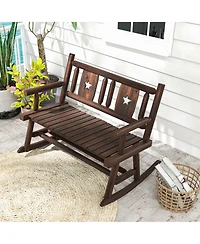 Gymax Outdoor Carbonized Wood Rocking Bench Double Rocking Chair for 2 Persons with Wide Curved Seat