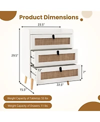 Gymax Modern Nightstand End Bedside Table with 3 Rattan Drawers and Solid Wood Legs
