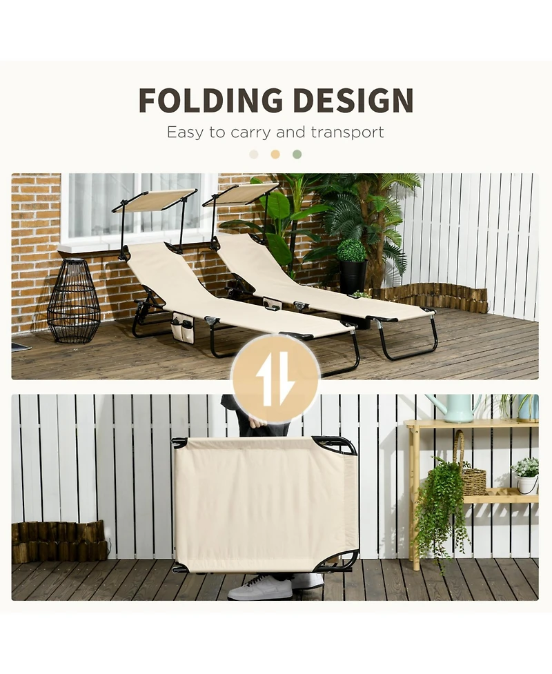 ECHTPeak Folding Chaise Lounge Pool Chairs, Outdoor Sun Tanning Chairs with Canopy Shade, Reclining Back, Steel Frame and Side Pocket