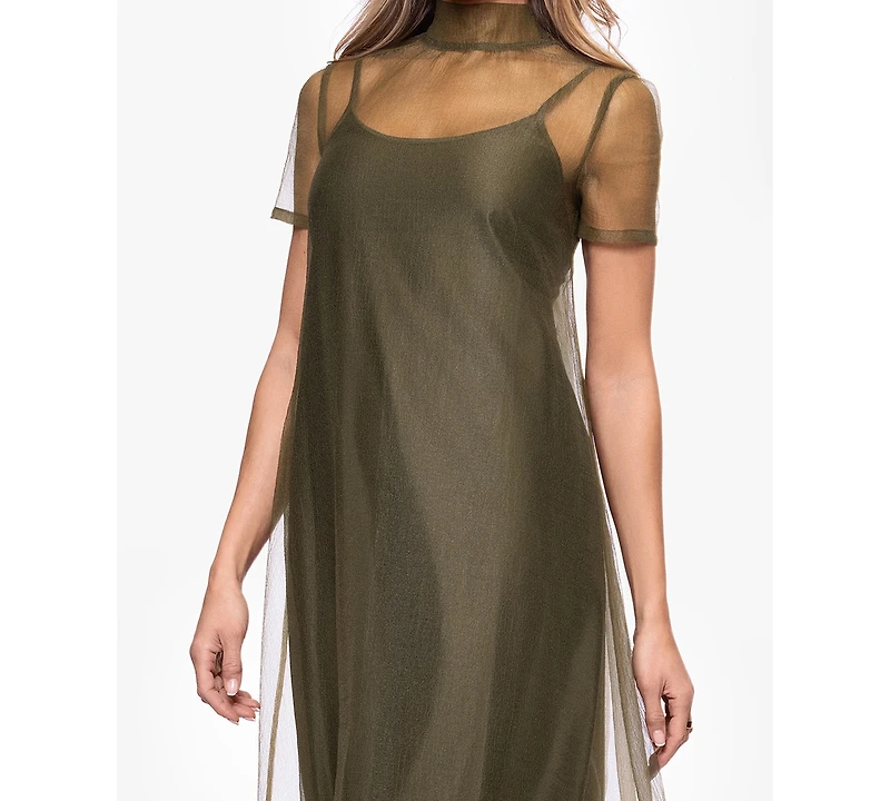 Xscape Women's Turtle Neck Organza Overlay Ball Gown