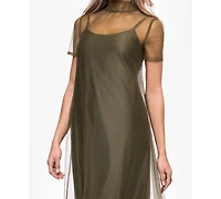 Xscape Women's Turtle Neck Organza Overlay Ball Gown